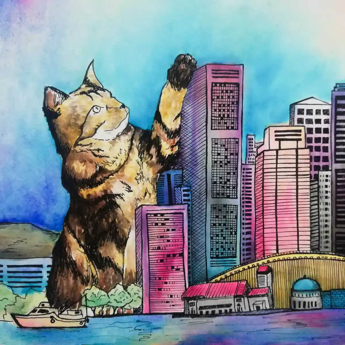 Selección de ilustraciones personales realizadas con acuarela y tinta, incluyendo animales y escenas urbanas imaginarias.
