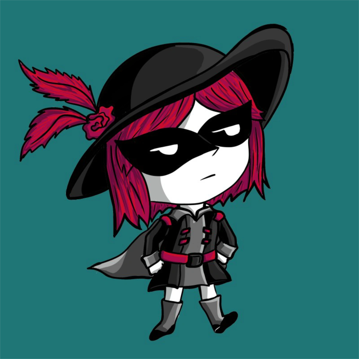 La Ladrona Amable, personaje enmascarado de cabello magenta y vestimenta negra, sosteniendo una obra robada.
