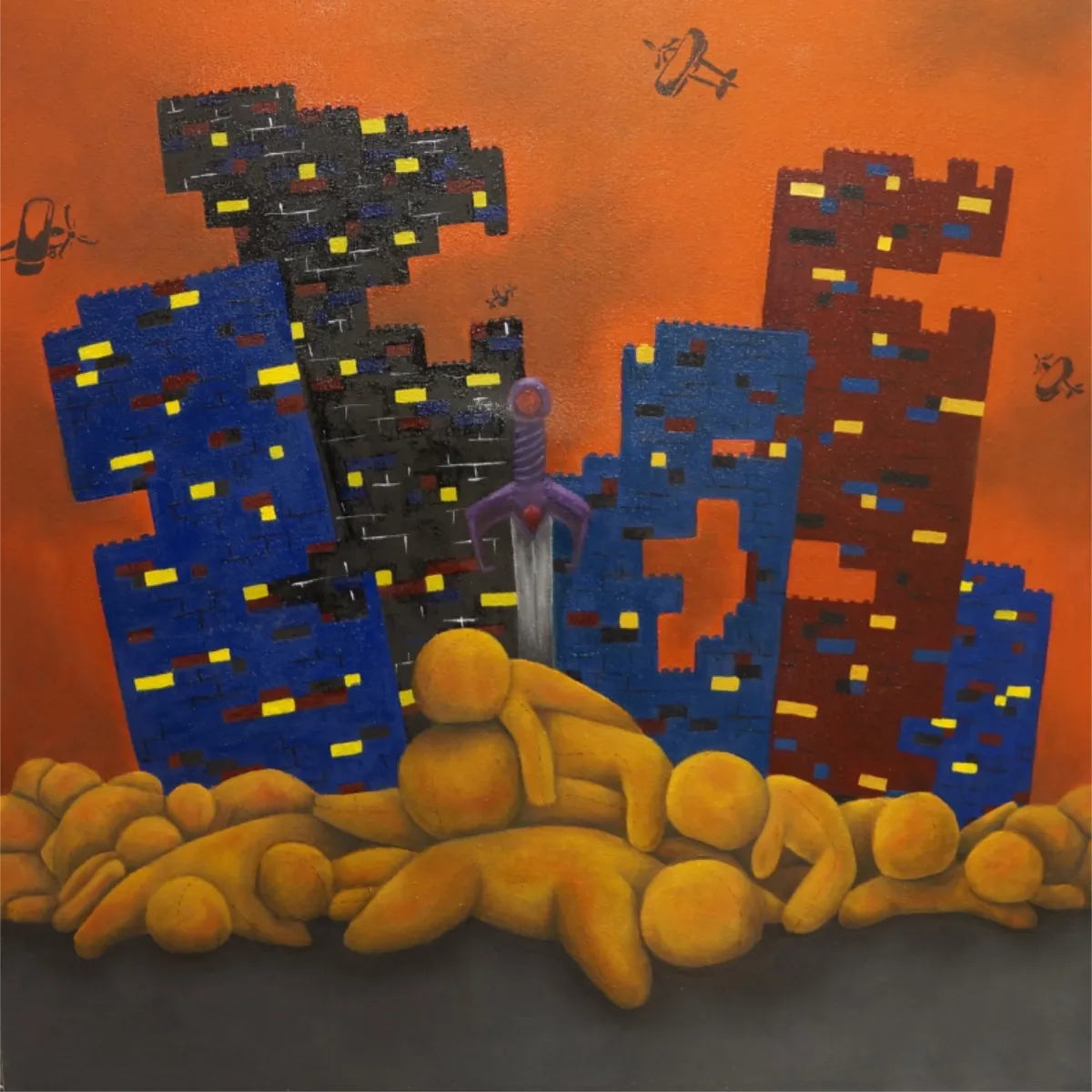 Pintura al óleo ¿Quieres jugar?, sobre niños víctimas de la guerra, con figuras infantiles apiladas, una espada de juguete, edificios de Lego y aviones representados como juguetes.