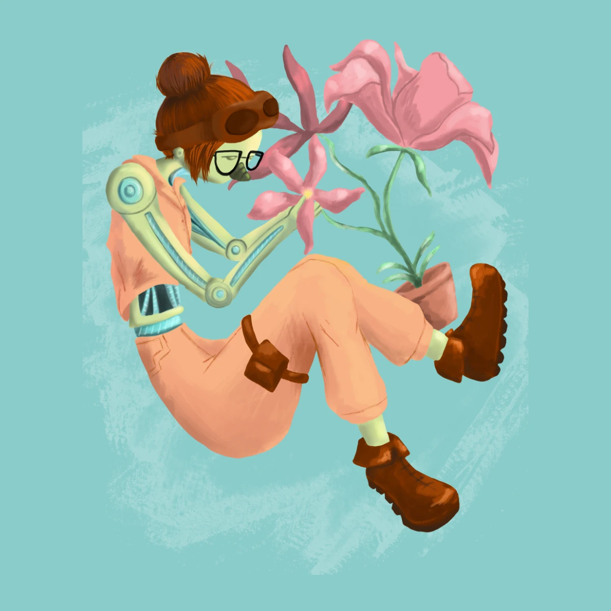 Ilustración digital de un personaje androide fusionado con flores y elementos botánicos.