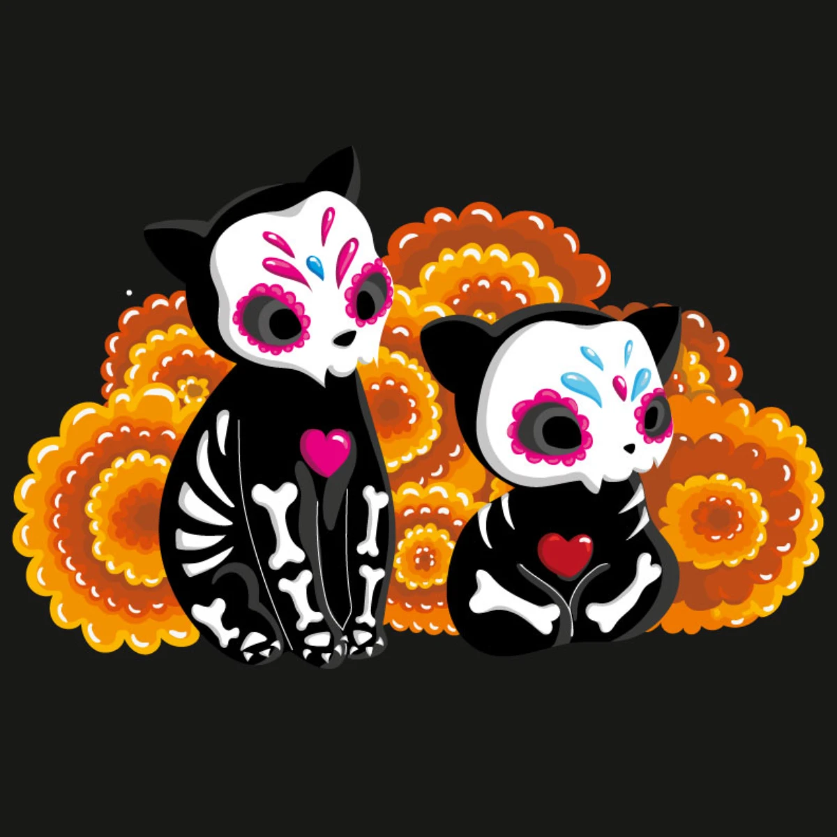 Colección ilustrada de temporada para Silkye con personajes inspirados en Halloween y Día de Muertos, aplicada a prendas y accesorios.