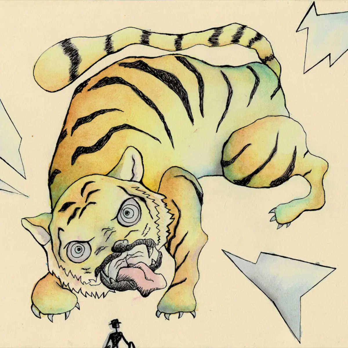 Ilustración en acuarela de un tigre de expresión alterada visto desde una perspectiva superior.
