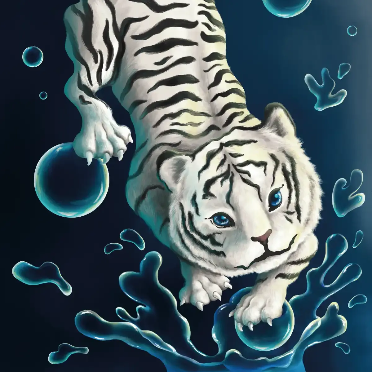 Ilustración digital de un tigre blanco descendiendo entre burbujas y salpicaduras de agua azul.