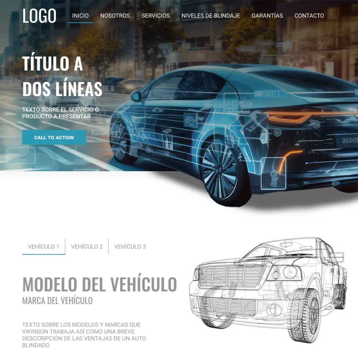 Propuesta de rediseño web para Vikinson con catálogo de vehículos blindados, especificaciones y cotizador.