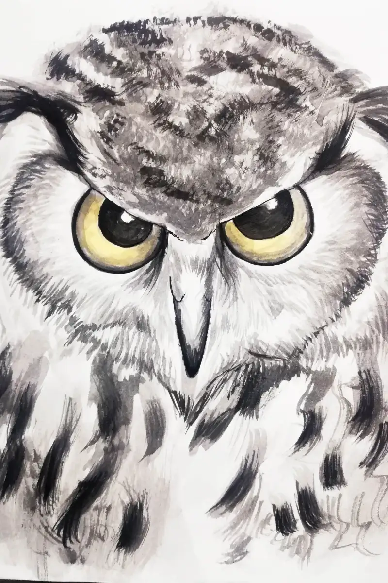 Retrato frontal en acuarela y tinta de un búho gris con ojos amarillos.