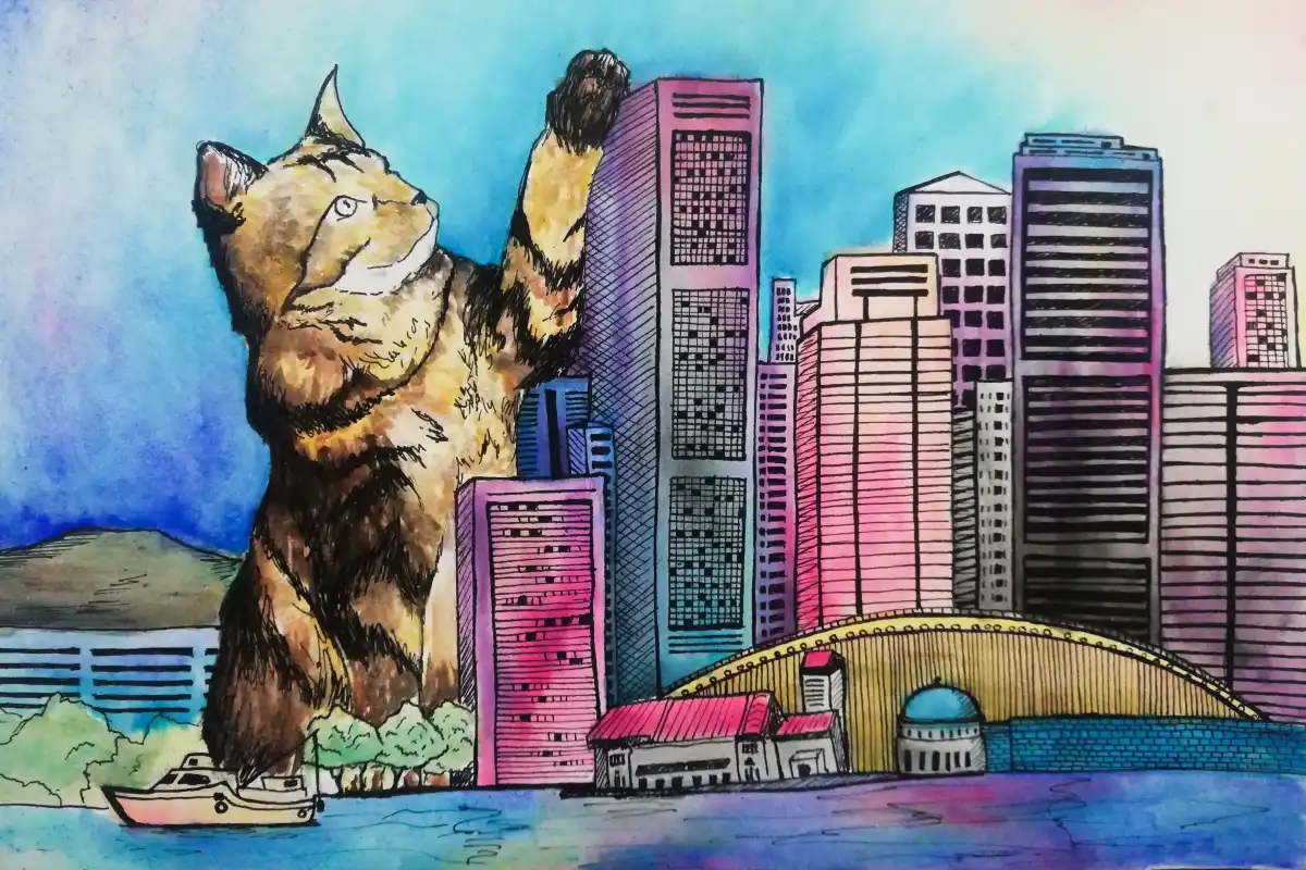 Ilustración en acuarela y tinta de un gato gigante junto a una ciudad de edificios coloridos.