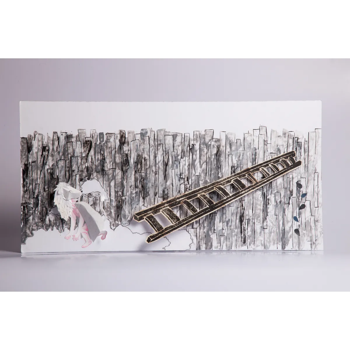 Escena de libro álbum con un personaje blanco y una escalera extendida sobre un abismo.