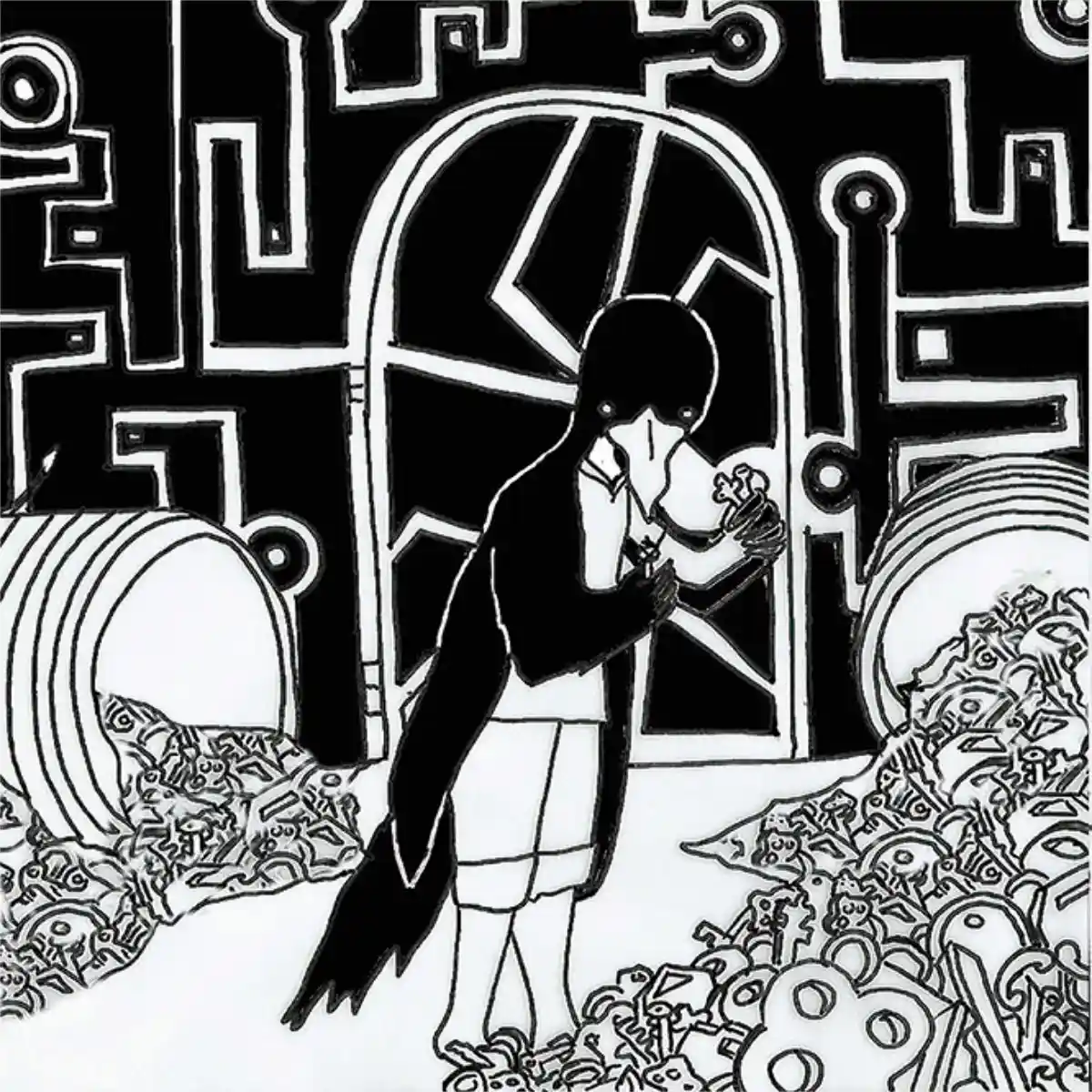 Ilustración en collage de un personaje blanco cayendo entre vías, ruedas y estructuras mecánicas.
