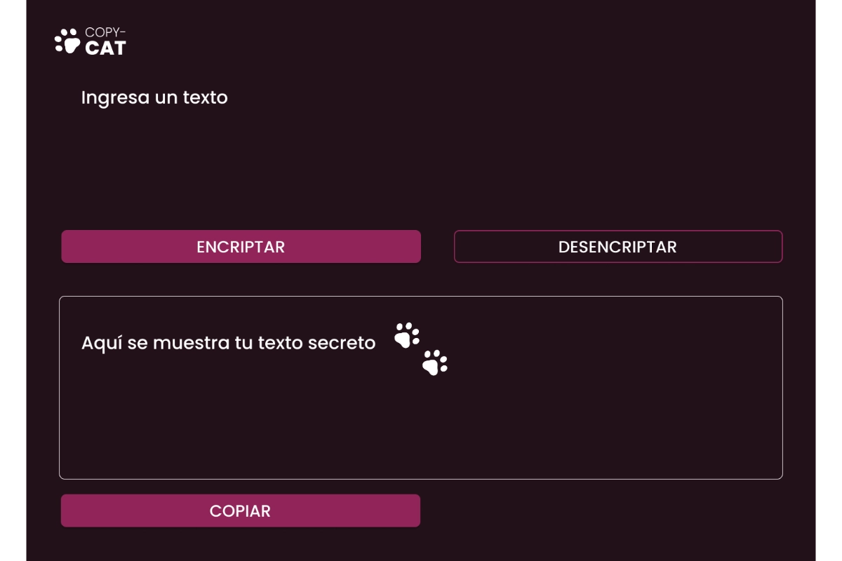 Interfaz responsive de Copy-Cat Encrypter, una aplicación web para encriptar y desencriptar texto.
