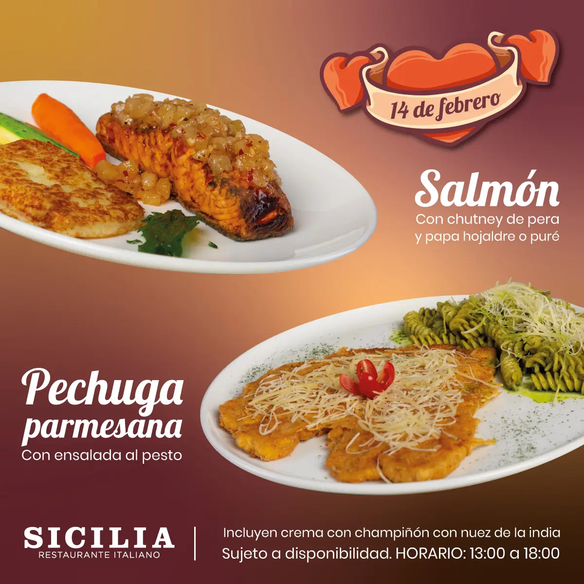 Diseño de menú especial de San Valentín con platillos de salmón y pollo.