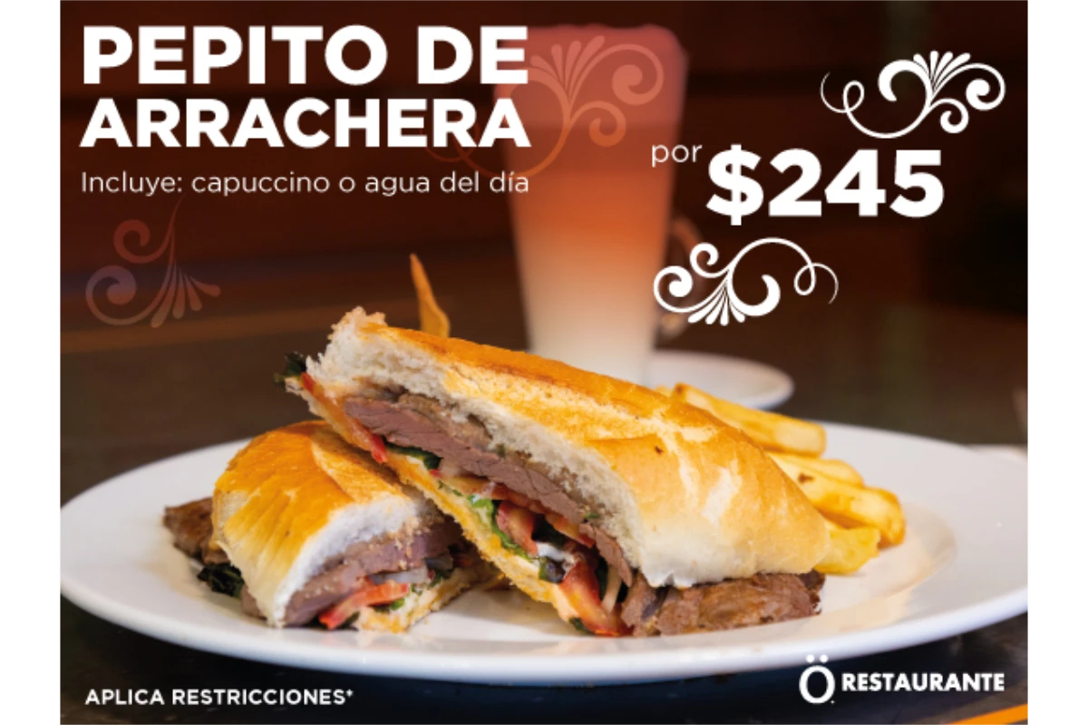 Diseño promocional de un pepito de arrachera para restaurante.