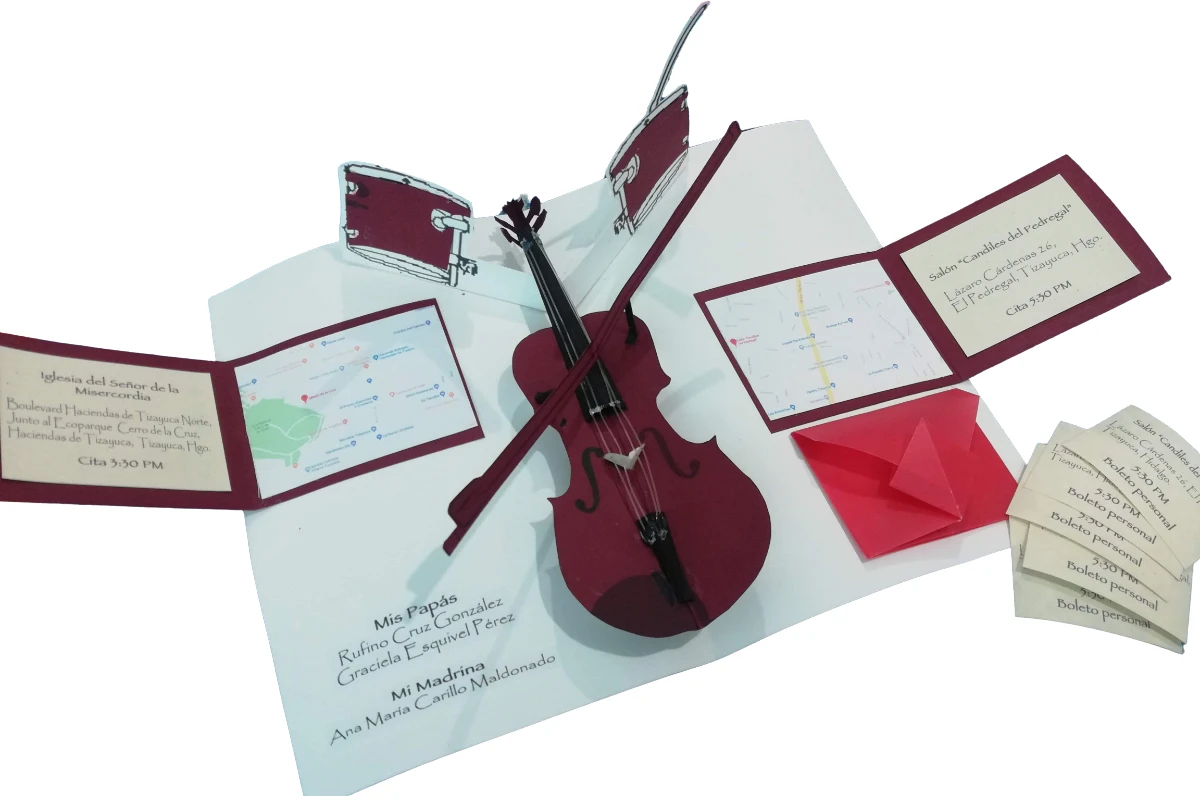 Selección de proyectos pop-up elaborados en papel, incluyendo invitaciones, tarjetas y piezas de portafolio.