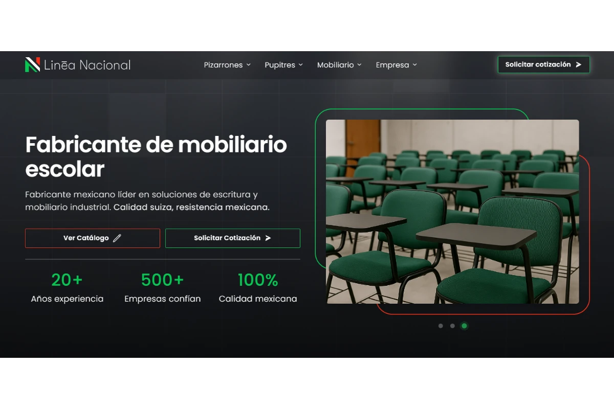 Página principal de Línea Nacional con catálogo de mobiliario escolar y botones de cotización.