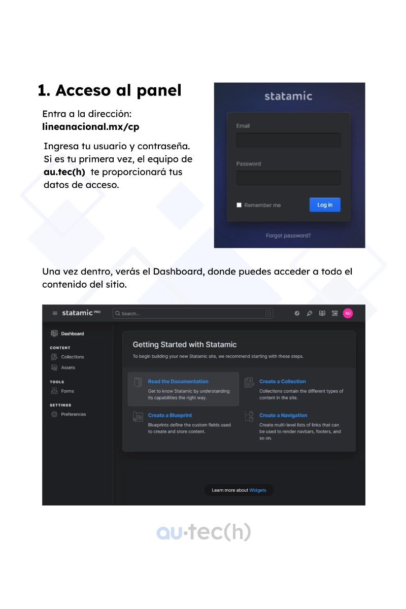 Página del manual de uso con instrucciones para acceder al panel de Statamic.