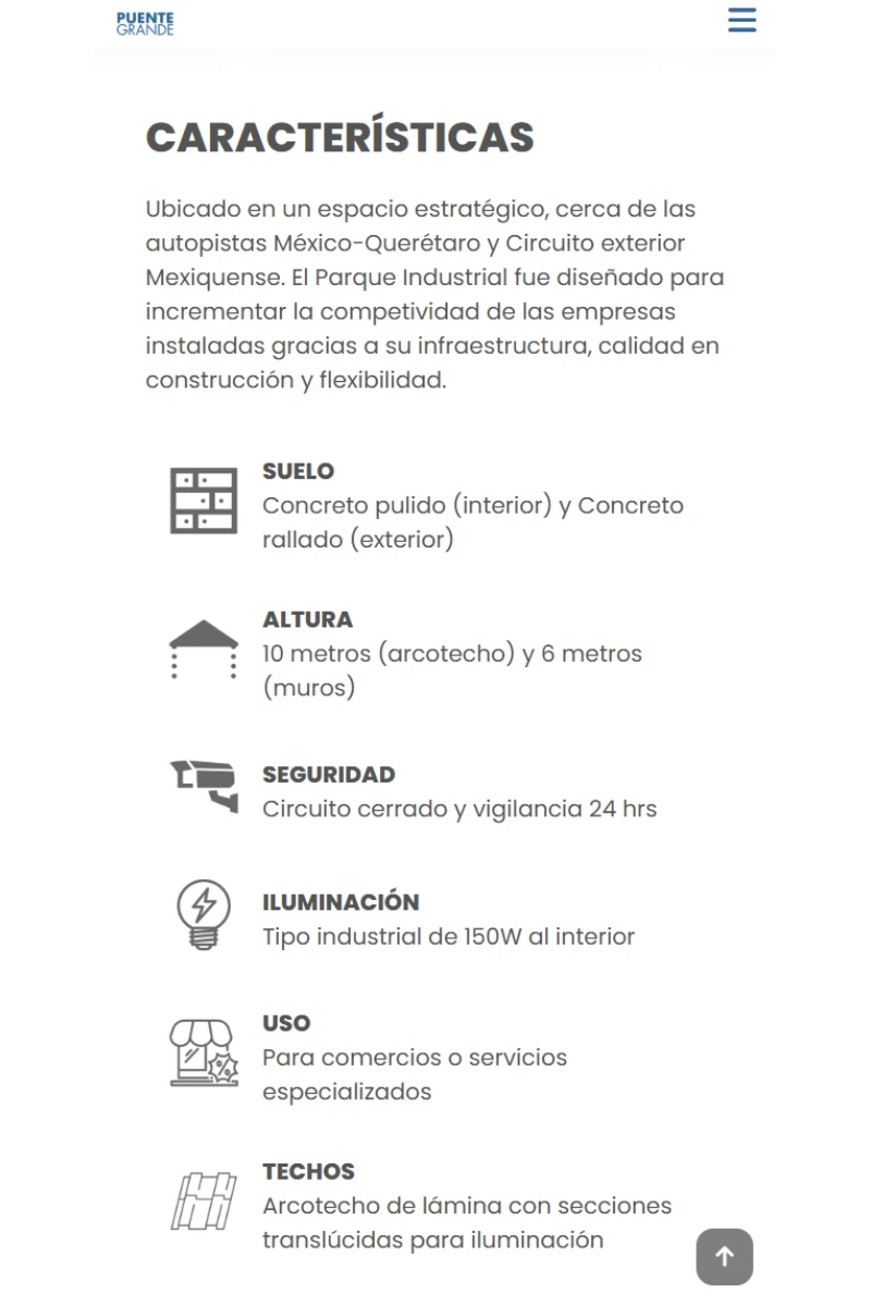 Sitio web de Parque Industrial Puente Grande con diseño responsive e información sobre renta de bodegas.