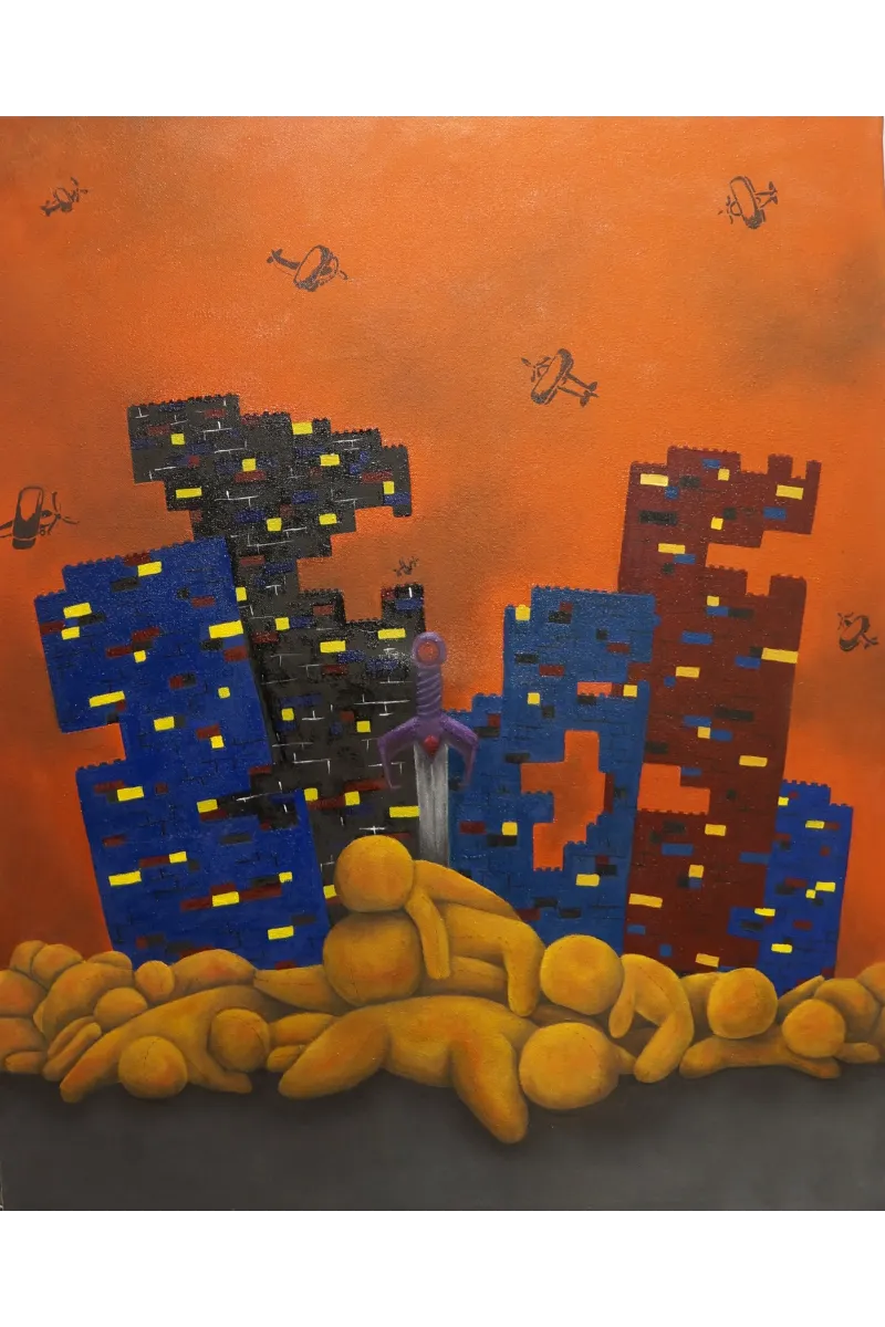 Pintura al óleo ¿Quieres jugar?, sobre niños víctimas de la guerra, con figuras infantiles apiladas, una espada de juguete, edificios de Lego y aviones representados como juguetes.