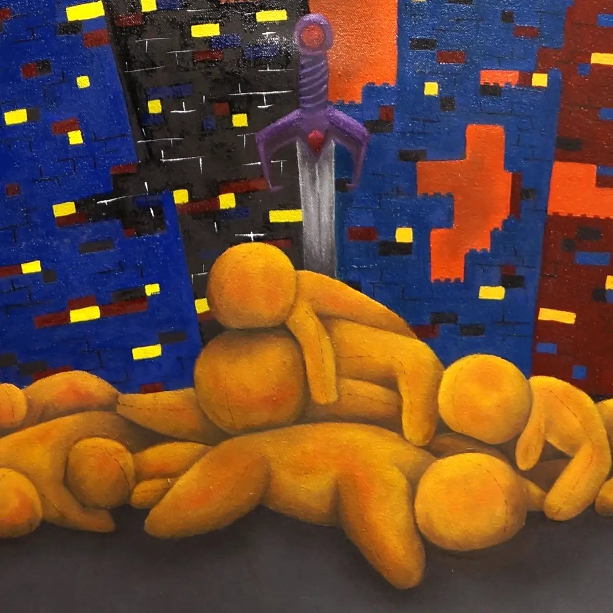 Pintura al óleo ¿Quieres jugar?, sobre niños víctimas de la guerra, con figuras infantiles apiladas, una espada de juguete, edificios de Lego y aviones representados como juguetes.