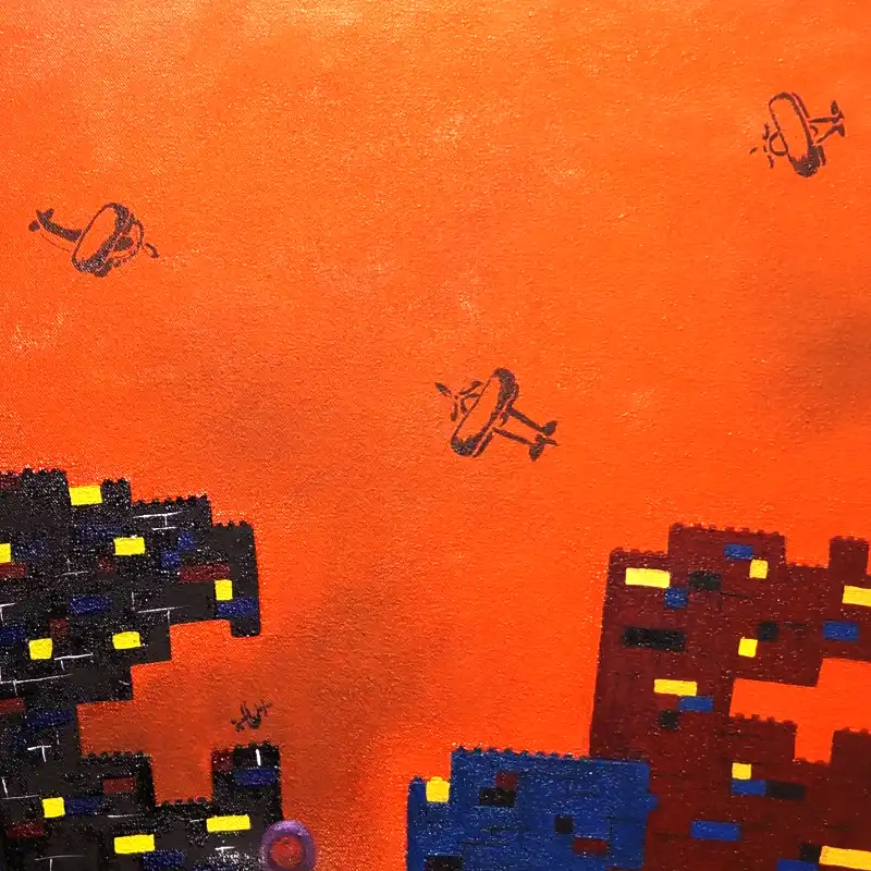 Pintura al óleo ¿Quieres jugar?, sobre niños víctimas de la guerra, con figuras infantiles apiladas, una espada de juguete, edificios de Lego y aviones representados como juguetes.