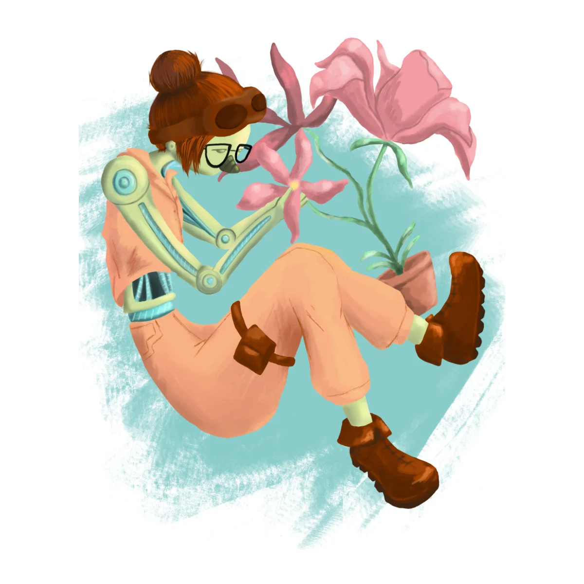 Ilustración digital de un personaje androide fusionado con flores y elementos botánicos.