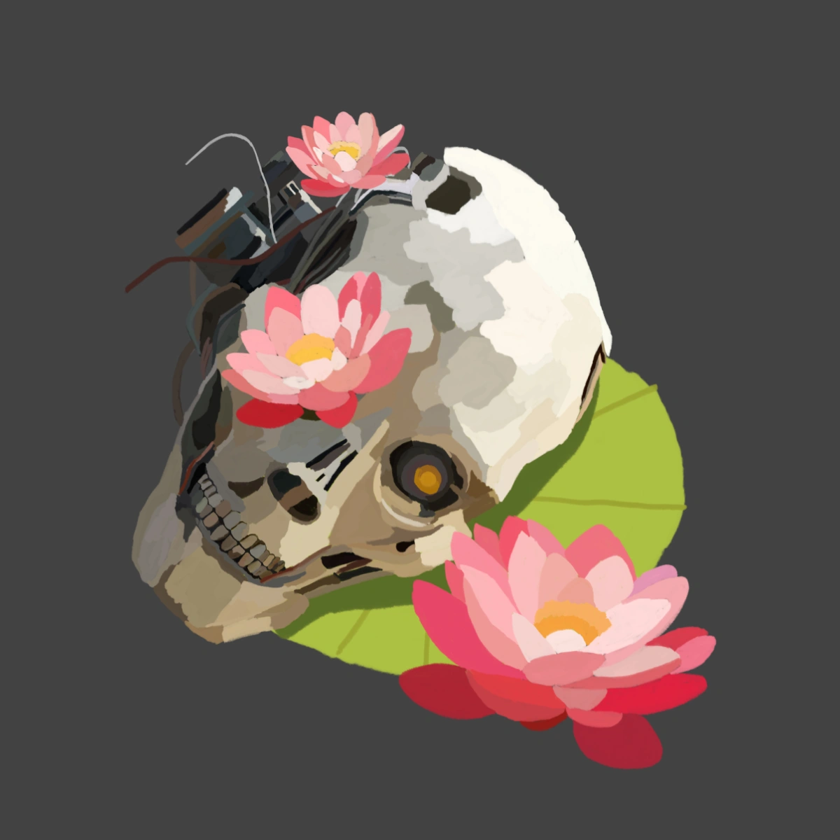 Ilustración digital de un personaje androide fusionado con flores y elementos botánicos.