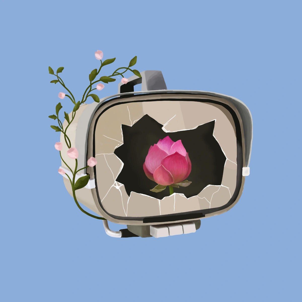 Ilustración digital de un personaje androide fusionado con flores y elementos botánicos.