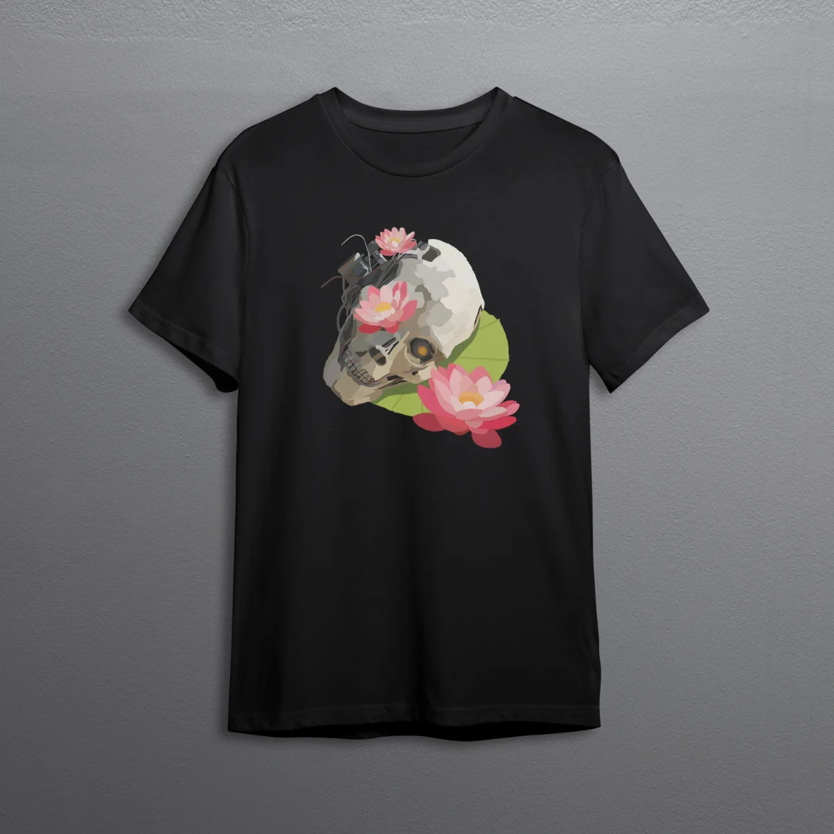 Ilustración digital de un personaje androide fusionado con flores y elementos botánicos.