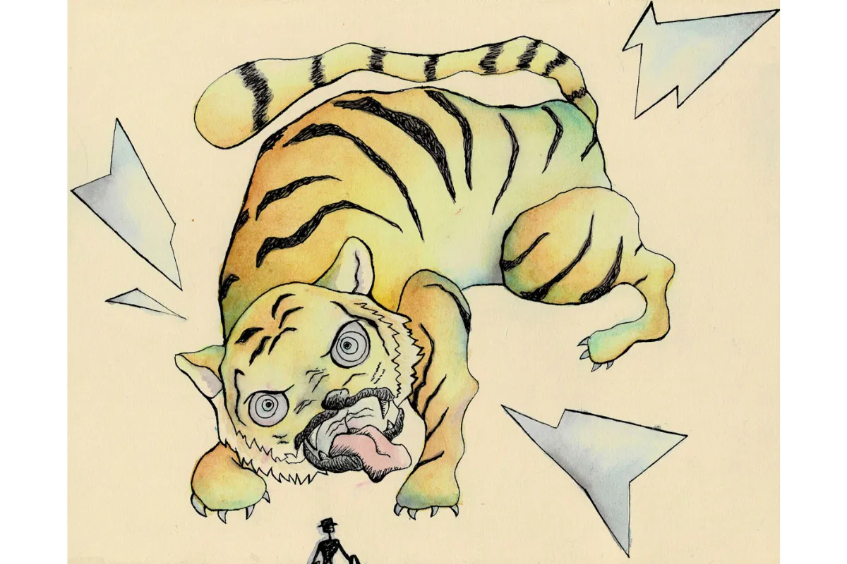 Ilustración en acuarela de un tigre de expresión alterada visto desde una perspectiva superior.
