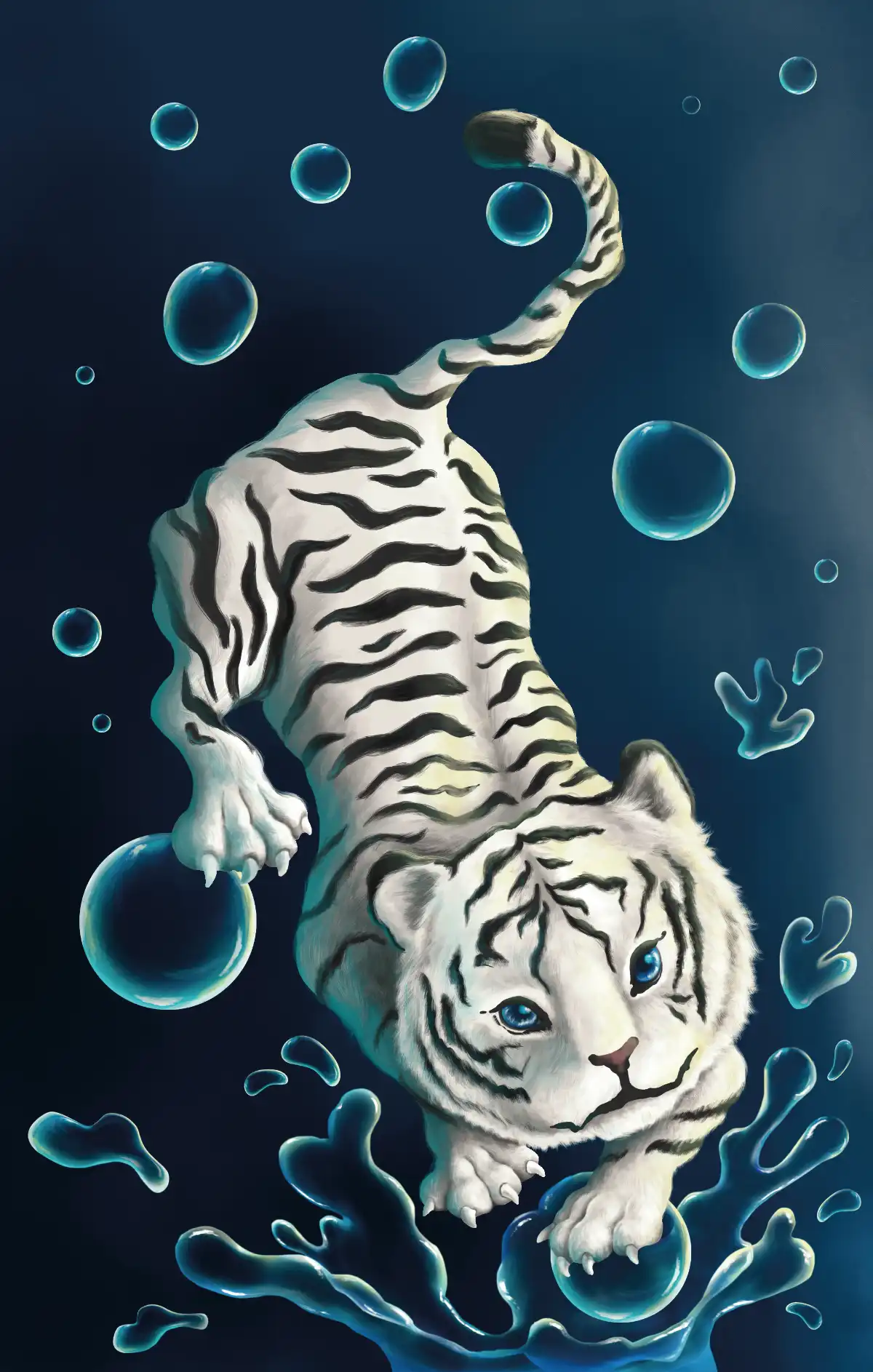 Ilustración digital de un tigre blanco descendiendo entre burbujas y salpicaduras de agua azul.