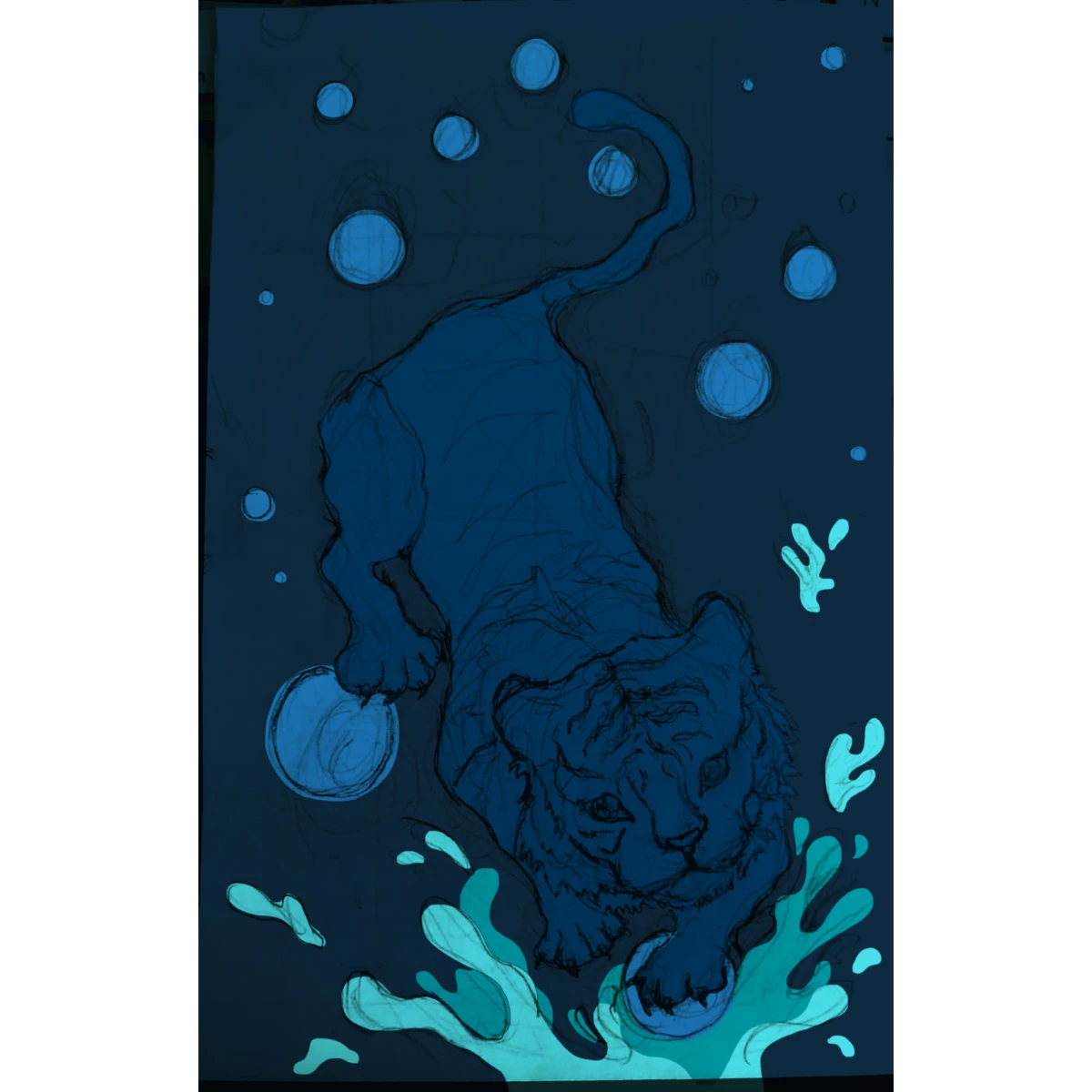 Ilustración digital de un tigre blanco descendiendo entre burbujas y salpicaduras de agua azul.