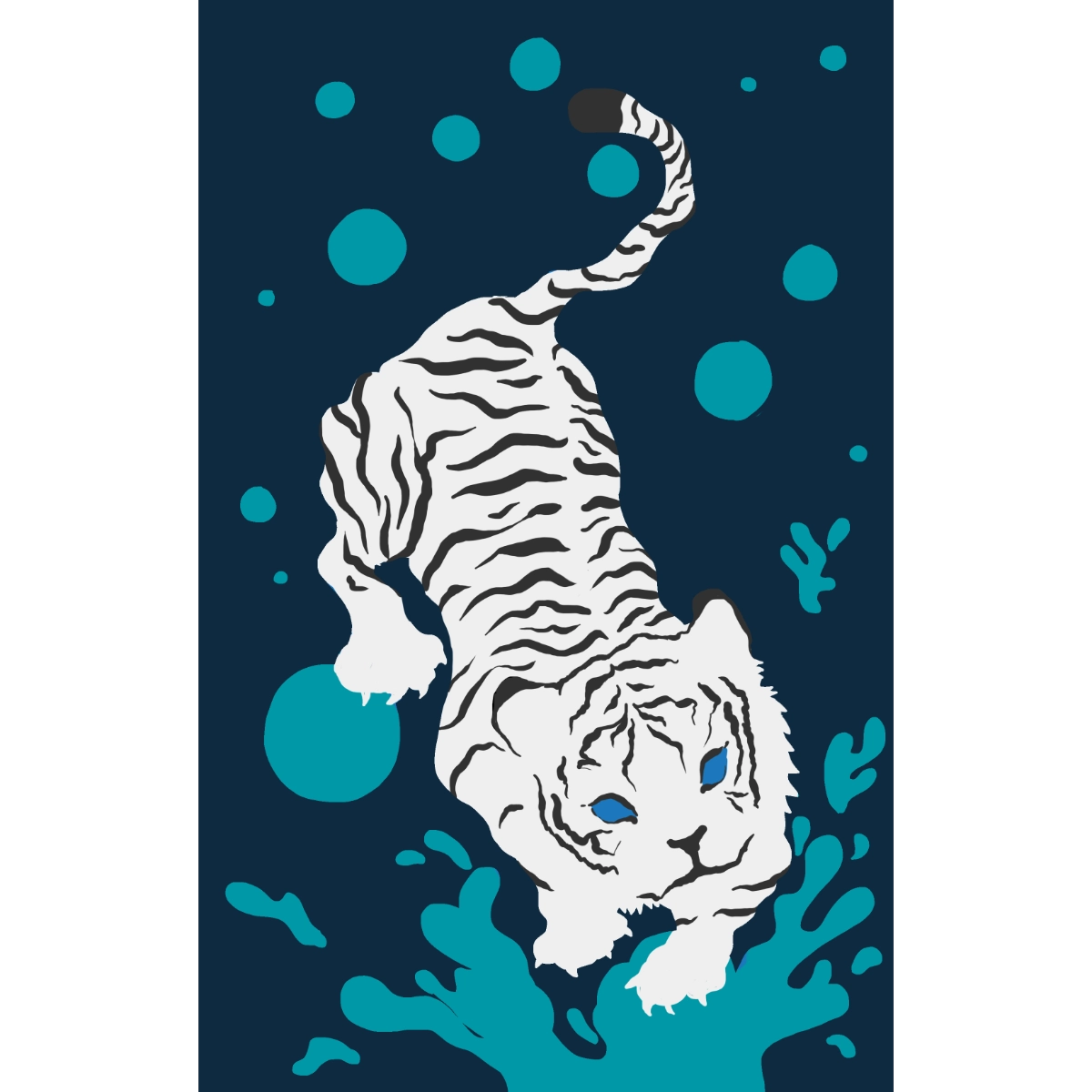 Ilustración digital de un tigre blanco descendiendo entre burbujas y salpicaduras de agua azul.