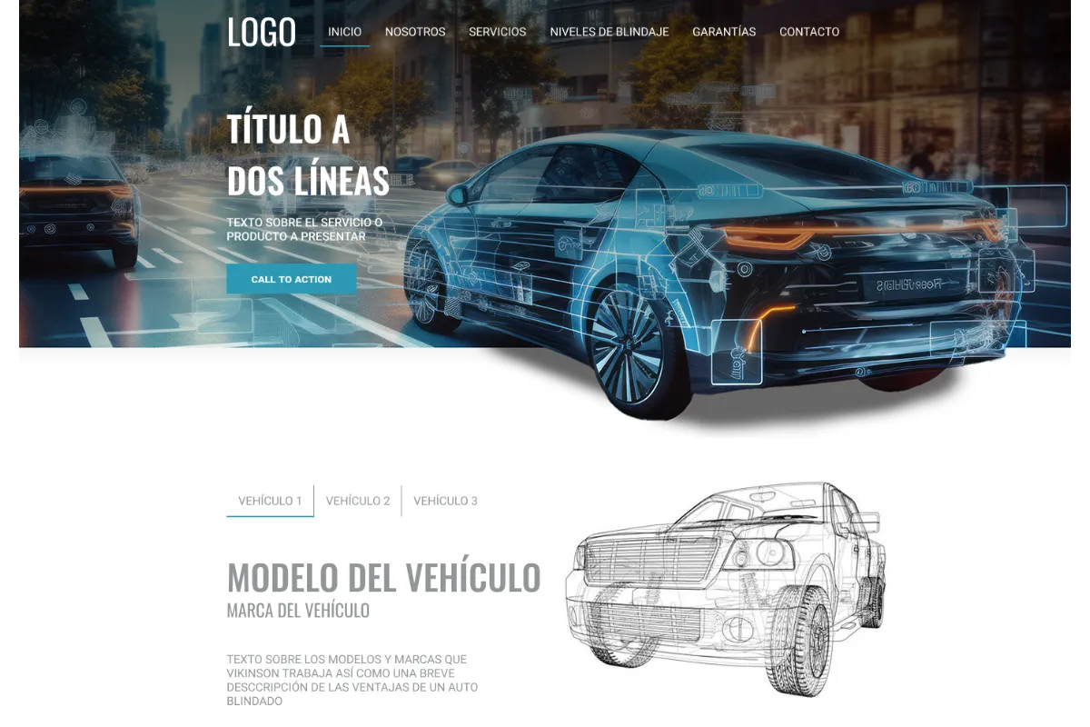 Propuesta de rediseño web para Vikinson con catálogo de vehículos blindados, especificaciones y cotizador.